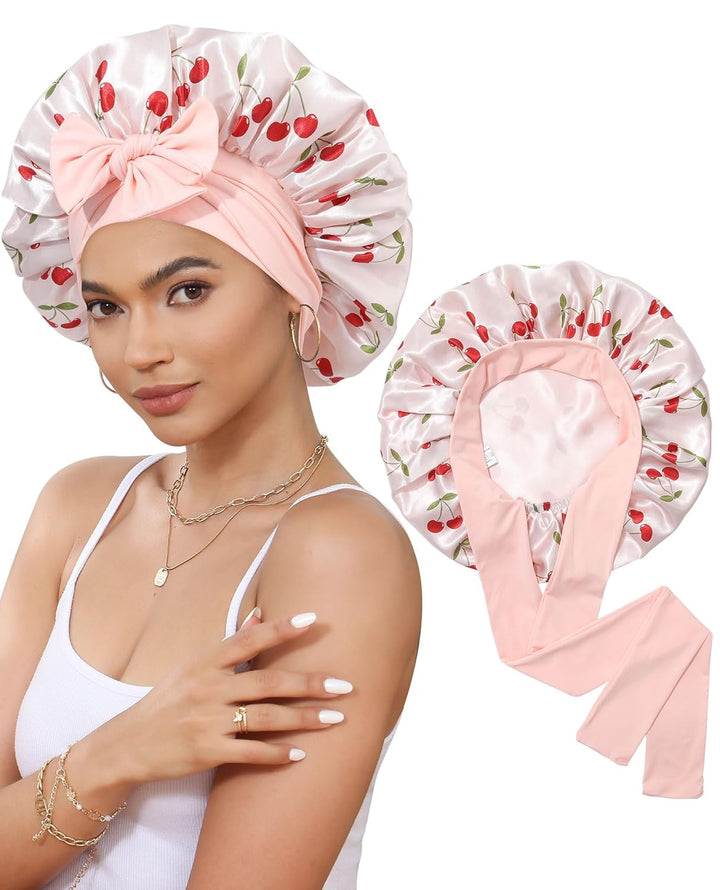 Satin Bonnet for Sleeping Cap Double Layer Hair Bonnet with Elastic Tie Band for Curly Hair Night Cap (Bean Paste + Pink)