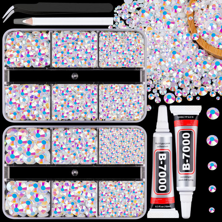 13000Pcs Flatback Pearls for Crafting (White), Assorted Size 2/3/4/5/6/8/10Mm Half Pearl Bead Gems with 3Pcs 10Ml B7000 Jewelry Glue, Bedazzling Kit for Crafts Shoes Graduation Cap Nail Art