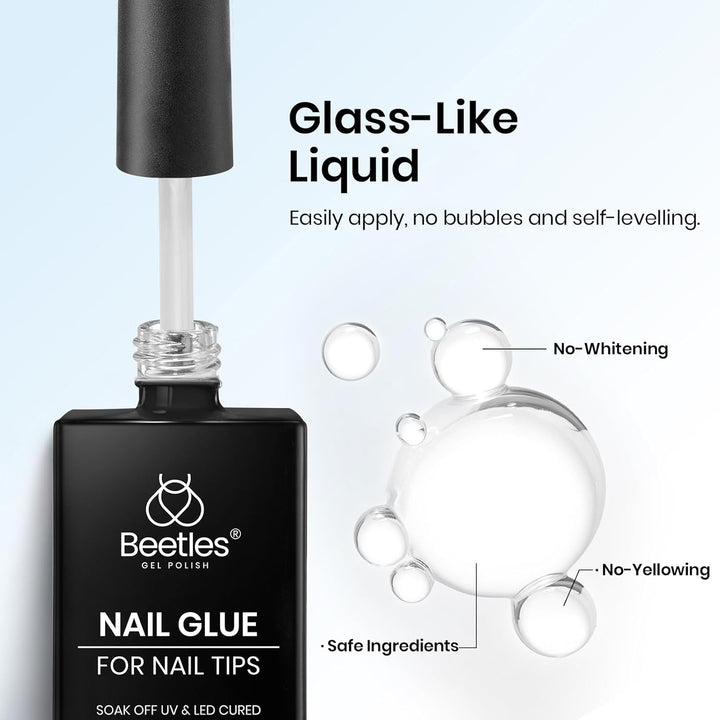 Beetles 9 in 1 Gel Nail Glue for Acrylic Nails Tips, 2 Pcs 10Ml Super Strong Nail Glue for Clear False Nails Tips Base Coat Rhinestones Blooming Art Christmas Nails Long Lasting U V Light Cure
