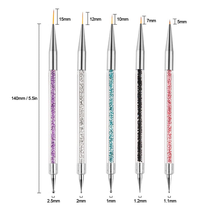 Nail Art Brushes, 5Pcs Double-Ended Acrylic Nail Brush Set with 5/7/10/12/15Mm Nail Liner Brushes and Dotting Pens for French Nails