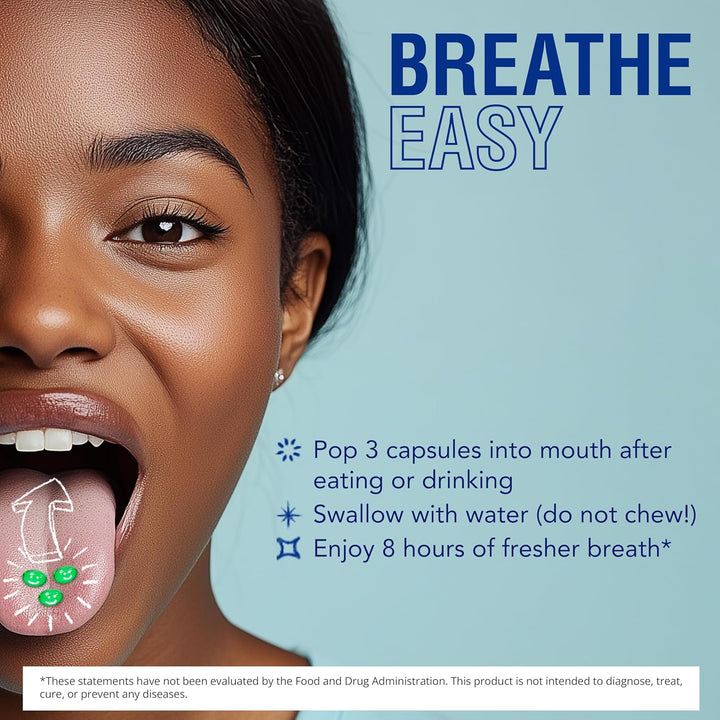 Breath Freshening Capsules, Fresher Breath from Inside-Out, Even Works on Bad Breath from Garlic, Lasts up to 8 Hours, 50 Capsules