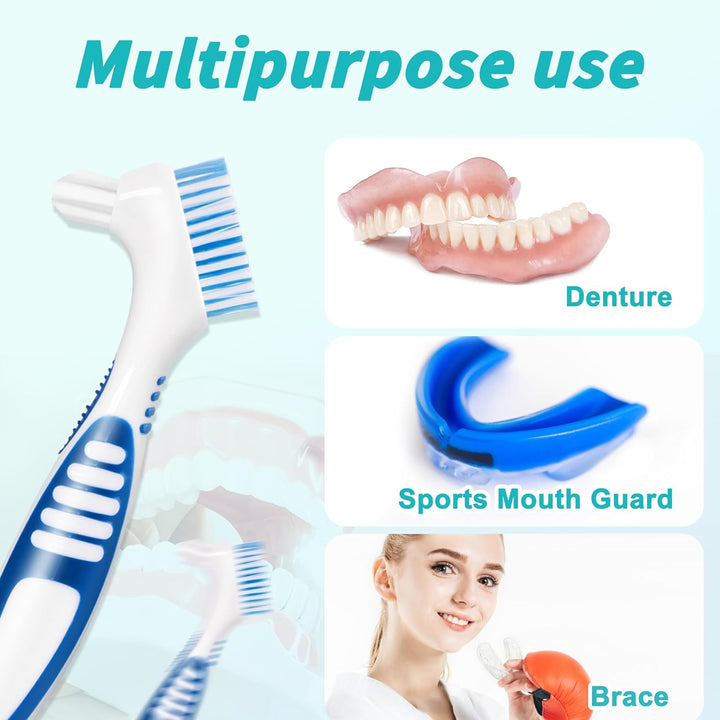6 Pcs Denture Brush Set for False Teeth, Denture Toothbrushes with Double Sided Design, Denture Cleaning Brush with Multi-Layered Soft Bristles and Rubber Anti-Slip Handle, 4 Colors
