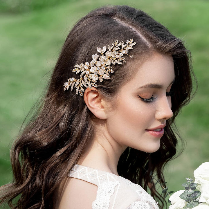 Handmade Wedding Hair Comb Clip Rhinestone Bridal Hair Comb Piece, Gold Hair Accessories for Brides Wedding