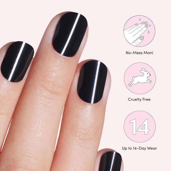 Glaze Nail Starter Kit - Real Black - Long Lasting, Chip Resistant, Semi-Cured Gel Nail Strips - 7-Piece Manicure Set with 32 Strips and Mini LED Lamp