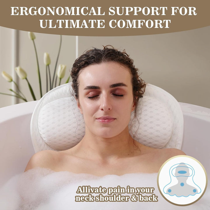 Bath Pillow Luxury Bathtub Pillow, Extra Soft & Comfortable Bath Pillows for Tub Head Neck and Back Support, with 4D Air Mesh Cushions & Non-Slip Suction Cups - Bath Accessories Spa Gifts for Women