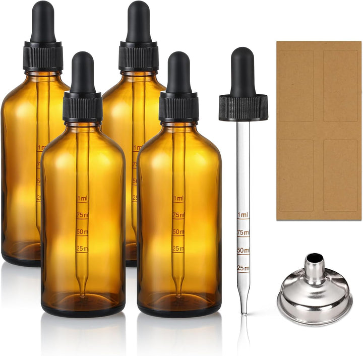 4 Pack, 100Ml Dropper Bottles with 1 Funnel & 4 Labels - Essential Oils Bottles for Health, Personal Care & Beauty - 3.4Oz Thick Dark Amber Glass Tincture Bottle with Eye Droppers, Leakproof