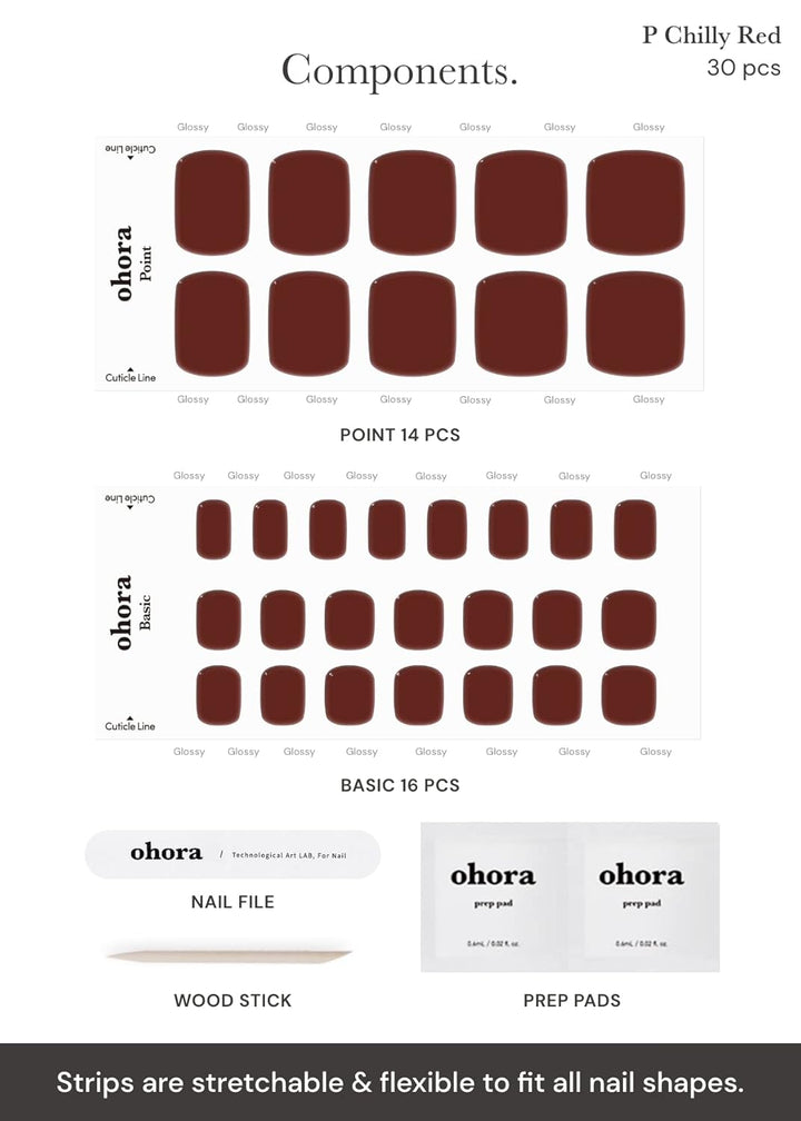 Semi Cured Gel Pedi Strips (P Chilly Red) - Works with Any Pedi Lamps, Salon-Quality, Long Lasting, Easy to Apply & Remove - Includes 2 Prep Pads, Pedi File & Wooden Stick