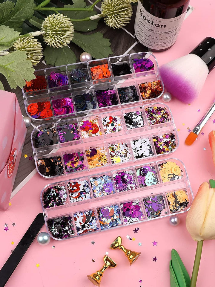 3 Boxes Halloween Nail Art Glitter Sequins, 3D Holographic Skull Spider Pumpkin Bat Ghost Witch Halloween Confetti Glitter for DIY Nail Art Halloween Party, Multicolor