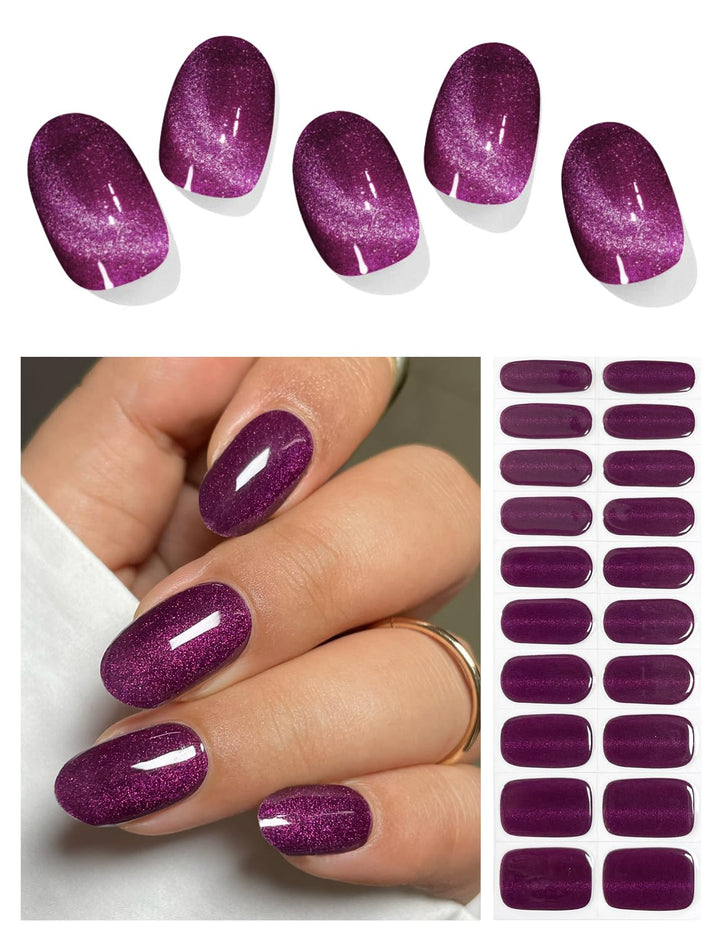 Semi Cured Gel Nail Strips (Deep Plum Cat Eye), Dark Purple, 20 Pcs Gel Nail Wraps, Stickers, UV Light Required, Salon Quality, Long Lasting