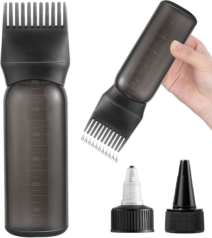 Root Comb Applicator Bottle Oil Applicator for Hair Dye Hair Oiling Bottle with Cap and Graduated Scale, 6 Ounce (Black)