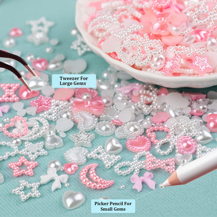 1200Pcs 3D Multi Shapes Nail Charms and Flatback Pearls, White&Pink Mix Styles Heart Star Bow Sunflower Embellishments for Nail Art, Craft and Decoration with Tweezer and Pickup Pencil
