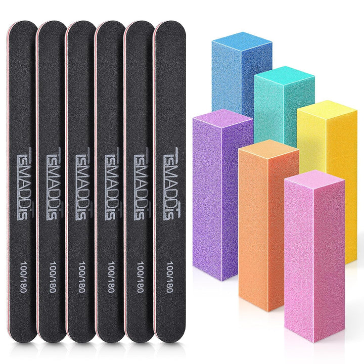 Nail Files and Buffers, Professional Manicure Tools Kit Rectangular Art Care Buffer Block Tools 100 180 Grit 12Pcs(Black)