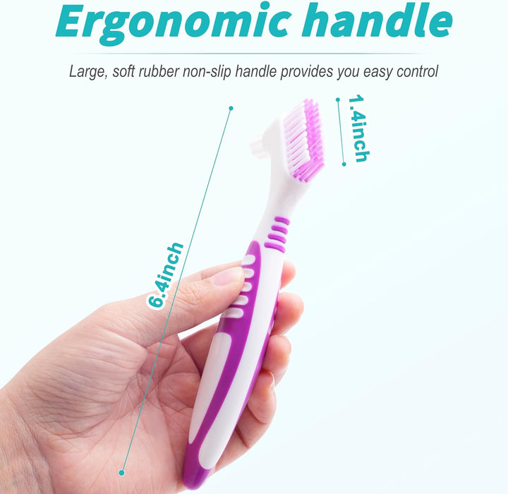 6 Pcs Denture Brush Set for False Teeth, Denture Toothbrushes with Double Sided Design, Denture Cleaning Brush with Multi-Layered Soft Bristles and Rubber Anti-Slip Handle, 4 Colors