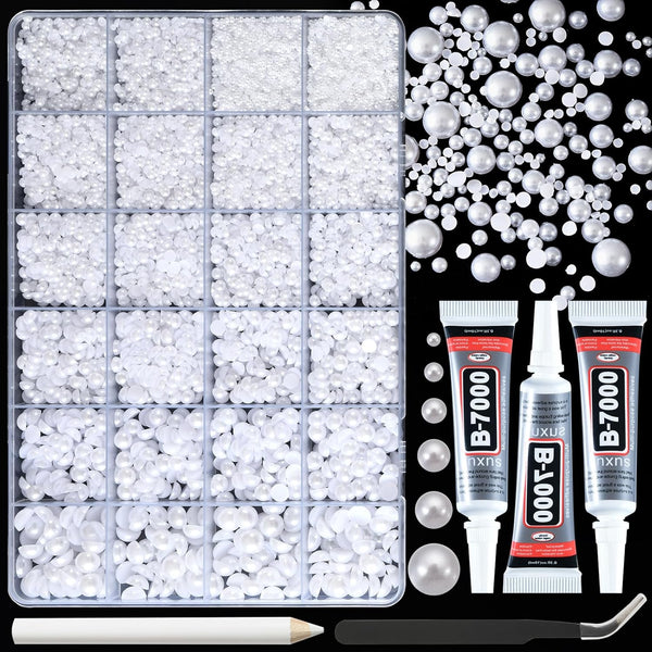 14000 Pcs Flat Back Pearls for Crafting with B7000 Glue White Half Pearl Beads for Jewelry Making Beads for Nails Party Face Clothes Shoe Balloon Birthday Decorations Cup DIY 2/3/4/5/6/8Mm