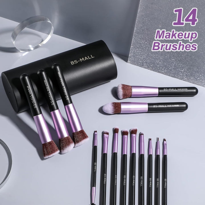 Makeup Brushes Premium Synthetic Foundation Powder Concealers Eye Shadows 14 Pcs Purple for Makeup Beginner or Professional with Travel Case