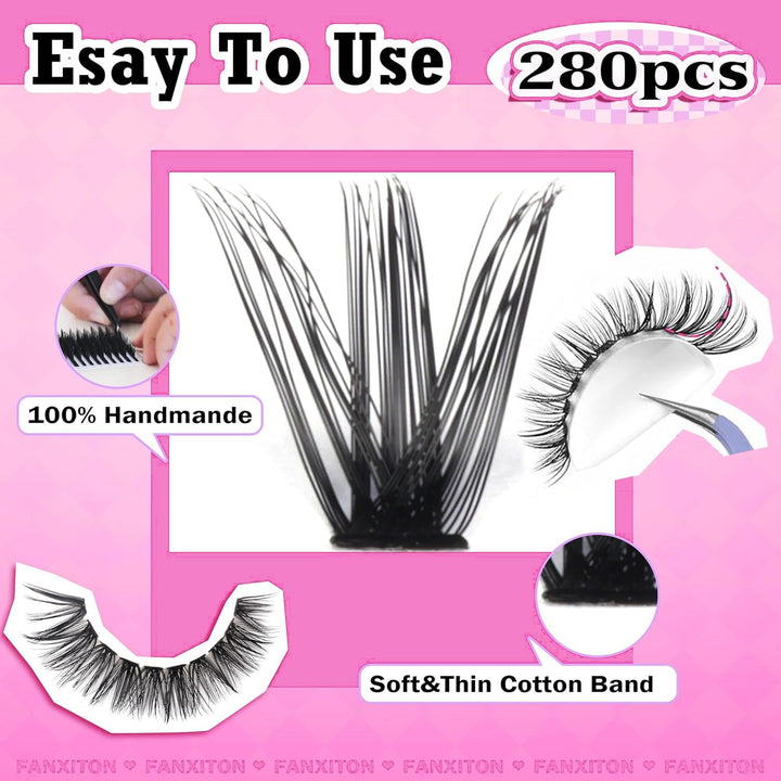 DIY Lash Extension Kit Volume Lash Clusters 40D+50D D Curvature Individual Lashes Lash Clusters Kit Thick Eyelash Extension Kit 280 Pcs Thin Band Cluster Lashes Lash Bond and Seal Tweezers