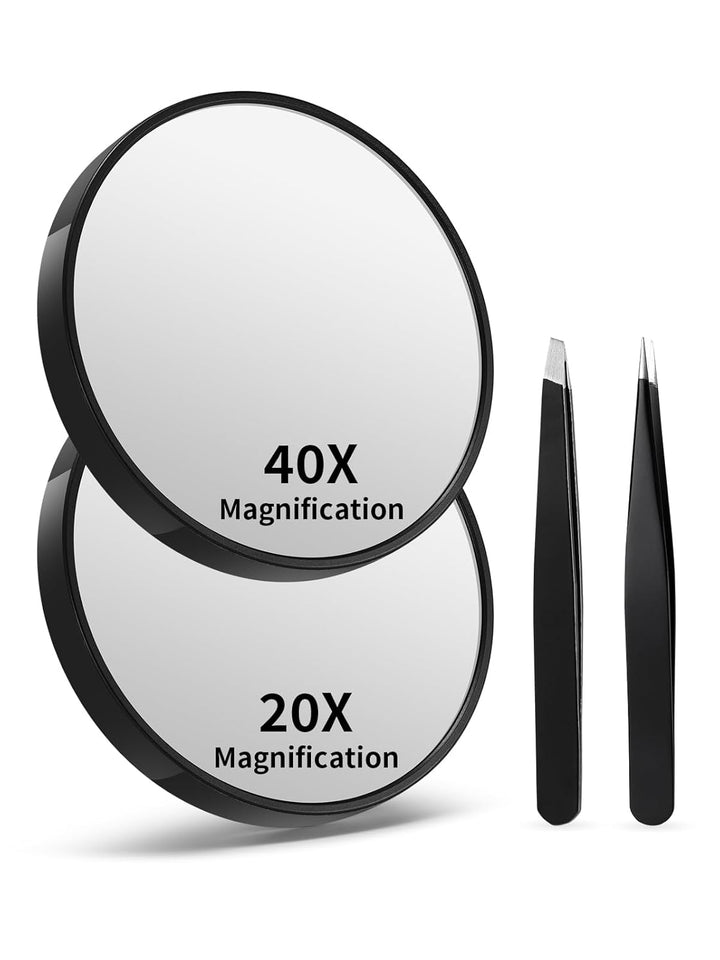 20X/30X/40X Magnifying Mirror with Suction Cups and Tweezers Set, 3.5 Inches Travel Magnified Makeup Mirror, Black, 3PCS