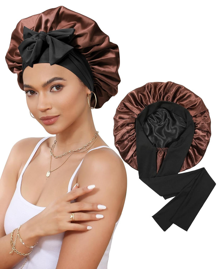 Satin Bonnet for Sleeping Cap Double Layer Hair Bonnet with Elastic Tie Band for Curly Hair Night Cap (Bean Paste + Pink)