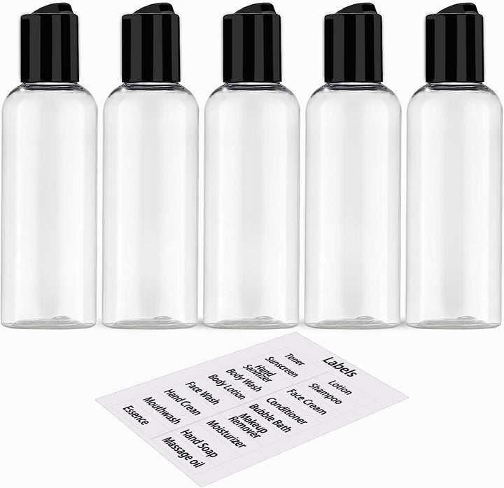 5 Pack 3.4 Oz Travel Bottles for Toiletries TSA Approved Leakproof Plastic Empty Travel Size Bottles Containers with Labels