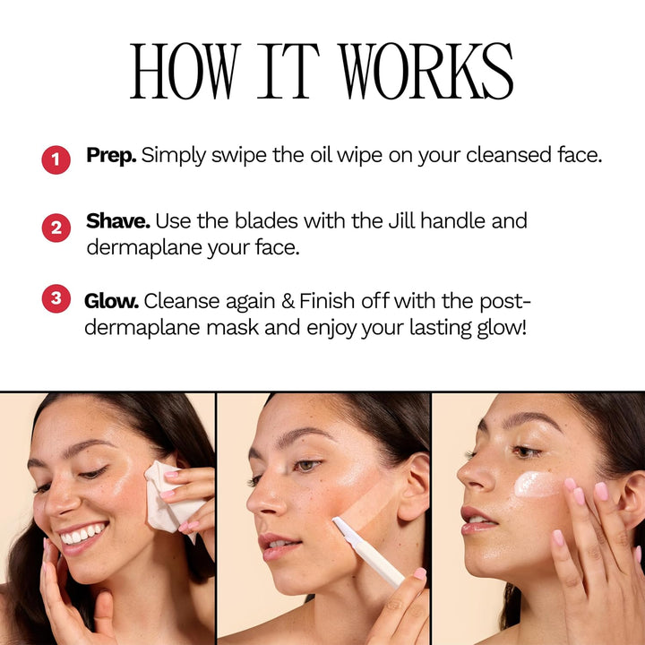 Dermaplane Starter Kit for Women in Rose – Facial Razor & Exfoliating Blade Set with Pre-Shave Magic Wipe, Gentle Skin Cleanser, Glow Moisturizer & 2 Disposable Dermaplane Blades