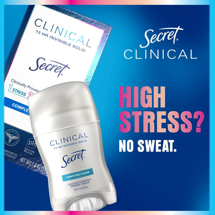 Clinical Strength Antiperspirant Deodorant for Women, 3X Stress Protection, 72Hr Sweat & Odor Protection, PH Balancing Minerals, Invisible Solid, Completely Clean Scent, 2.6 Oz