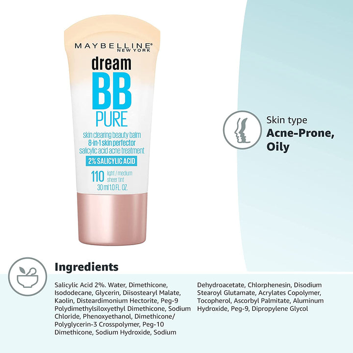 Dream Pure Skin Clearing BB Cream, 8-In-1 Skin Perfecting Beauty Balm with 2% Salicylic Acid, Sheer Tint Coverage, Oil-Free, Light/Medium, 1 Count