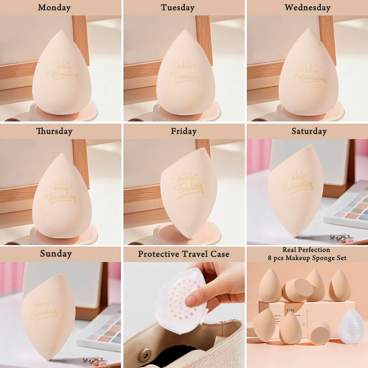 Makeup Sponge Set Blender Sponges, Latex-Free Beauty Makeup Sponges 7 Pcs with 1 Travel Container Case for Blending Foundation Liquid Cream and Powder (Beige)