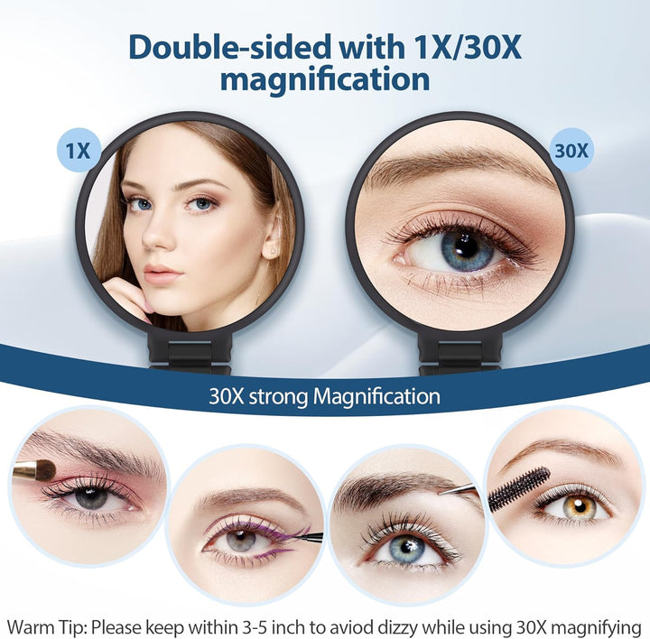 30X Magnifying Mirror, Hand Mirror with Handle, Double Sided Hand Mirror with 30X/1X Magnification, Travel Essential Portable Foldable Makeup Mirror for Precision Makeup Black