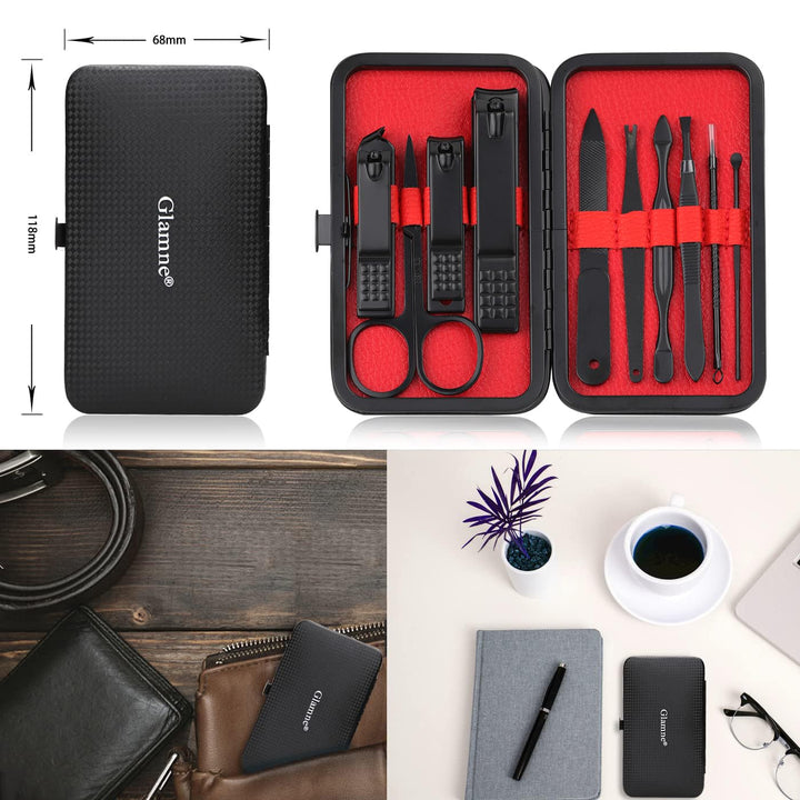 Manicure Set Nail Clippers Kit Professional Stainless Steel Nail Care Tools with Leather Travel Case 10 in 1 Black