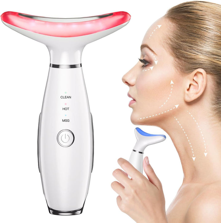 Face Massager -7 Color Red-Light-Therapy for Face and Neck for Wrinkles, Double Chin, Vibrating Facial Massager with Thermals (Pink)