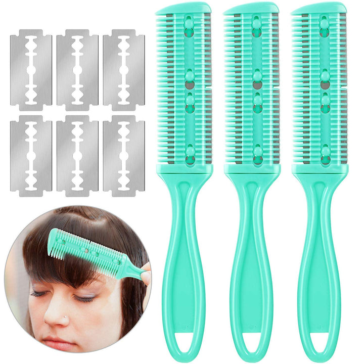 3 Pieces Hair Cutting Comb Set with 10 Razors, Double Edge Razor, Thinning Comb for Slim Haircuts (Green, Purple, Pink)