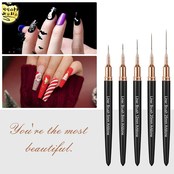 Metallic Nail Art Pens, Liner Brushes Set, 5PCS Black Color Nail Tools for Long Lines, Thin Details, Fine Drawing, Liner Brush UV Gel Polish Painting Nail Design Sizes 5/8/12/20/25Mm