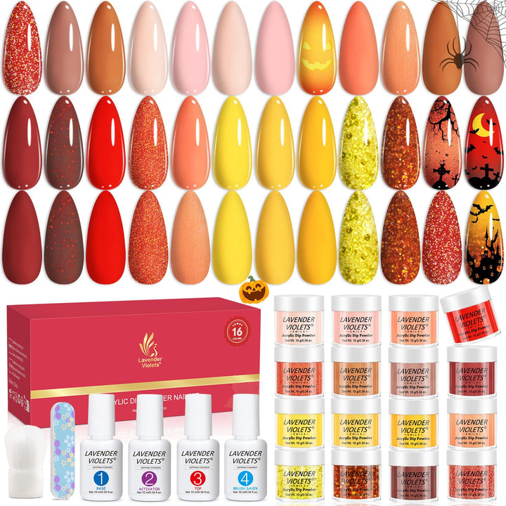 22 Pcs Dip Powder Nail Kit Starter - 16 Colors Nude Pinkish Brown Skin Tone with Base Top Coat, Activator, Brush Saver, Nail Buffer and Powder Brush M960B