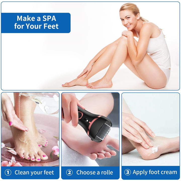Electric Foot Callus Remover, Rechargeable Portable Electronic Foot File Pedicure Kits, Waterproof Foot Scrubber File, Professional Pedicure Tools, Foot Care for Dead Skin Ideal Gift, 3 Rollers