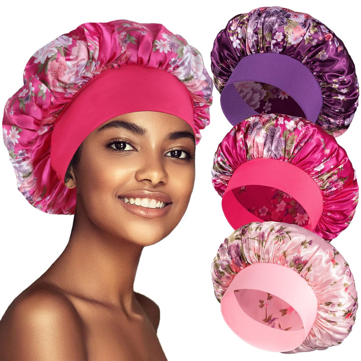 3 Pack Satin Bonnet Silk Hair Bonnet for Sleeping, Sleep Bonnets for Women Large Wide Soft Band Sleep Cap for Curly Hair Braids