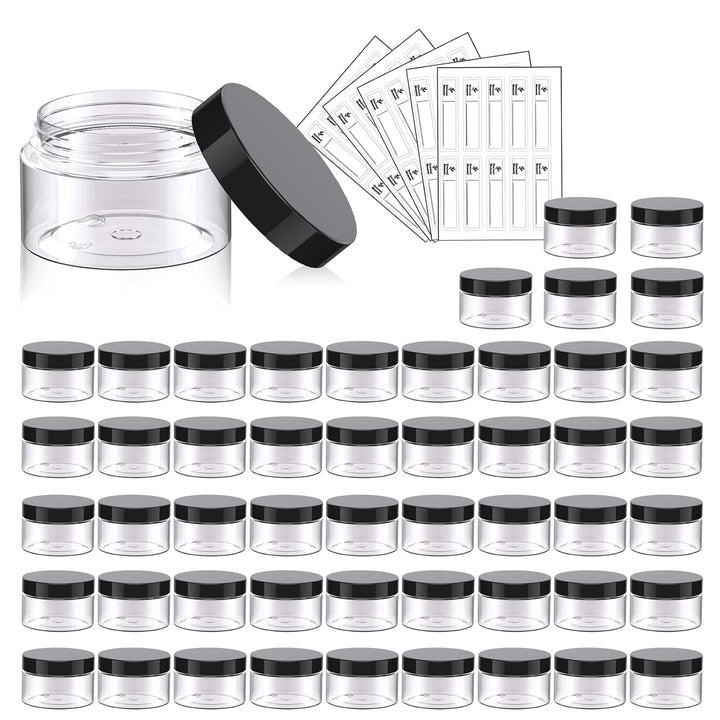 50 Pack 4 OZ Plastic Jars round Clear Cosmetic Container with Black Lids,  Slime Jars for Lotion, Cream, Ointments, Makeup, Eye Shadow, Rhinestone, Samples, Pot, Travel Storage