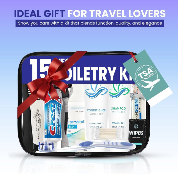 Travel Toiletry Kit for Men and Women – 15 Piece Set of Travel Size Toiletries, TSA Compliant, Includes Shampoo and Conditioner, Body Wash, Toiletry Bag & More