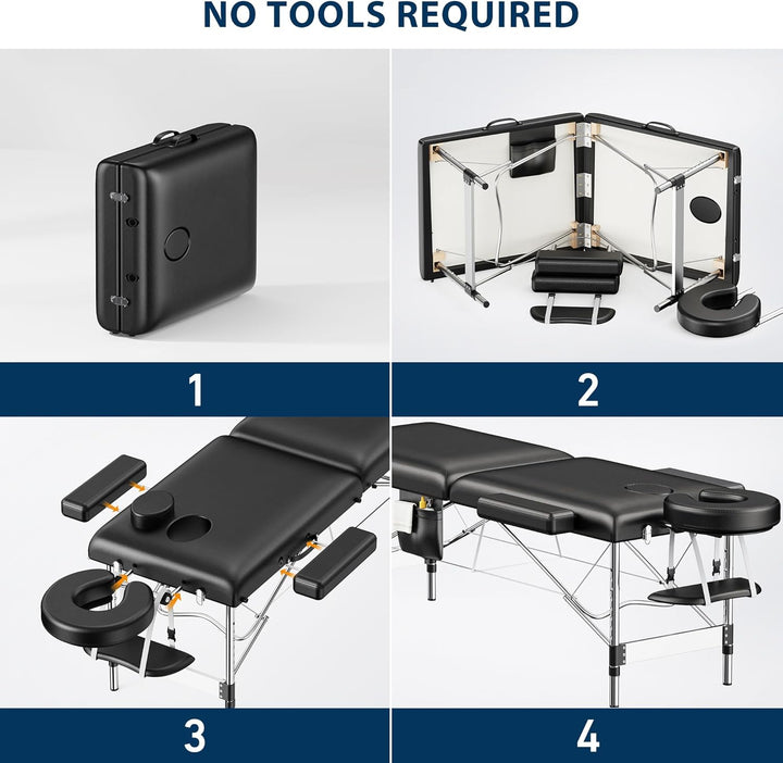 Massage Table Portable, 2-Fold Lash Bed with Side Pocket, Adjustable Height, Sturdy Aluminum Frame, Esthetician Spa Facial Tattoo Bed with Face Cradle & Carrying Bag, Black