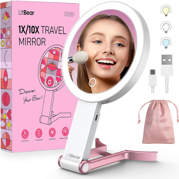 Travel Makeup Mirror with Lights, Rechargeable Double-Sided 10X/1X Magnifying Mirror, Portable Lighted Beauty Mirror, 3 Color Lighting, Dimmable Touch Screen, Tabletop Handhold Hanging (White)