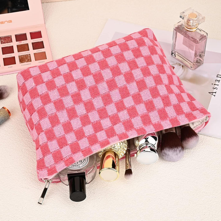 2 Pieces Makeup Bag Large Checkered Cosmetic Bag Capacity Canvas Mix Travel Toiletry Bag Organizer Cute Makeup Brushes Aesthetic Accessories Storage Bag for Women, Checkered Mix Rose Red