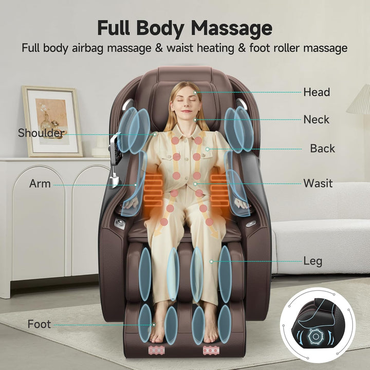 2025 Massage Chair Full Body,Zero Gravity 3D Sl-Track Shiatsu Massage Recliner Chair with Heat Body Scan Bluetooth Foot Roller APP Control, Child Lock, Favor-06,Brown