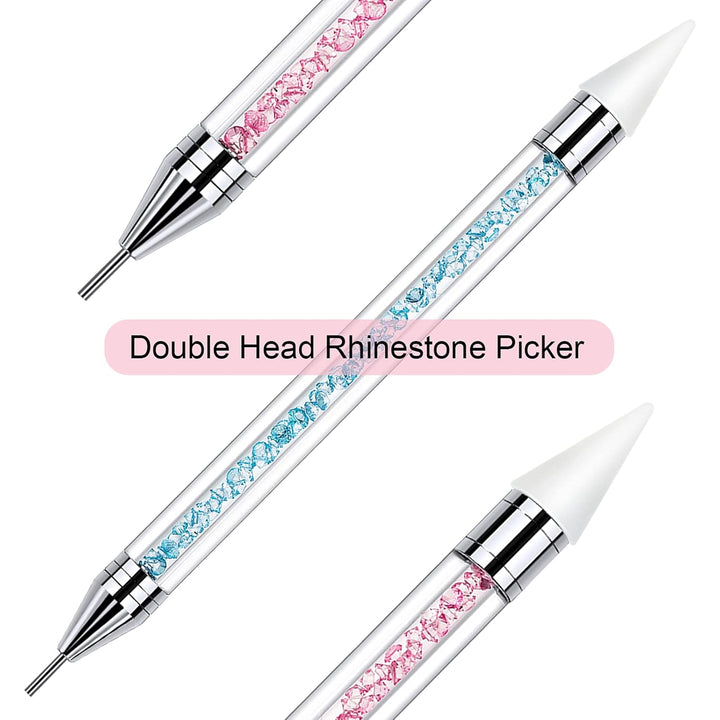 2 Pieces Rhinestone Picker Dotting Pen, Dual-Ended Rhinestone Gems Crystals Studs Picker Wax Pencil Pen Crystal Beads Handle Manicure Nail Art DIY Decoration Tool (Light Blue Pink)