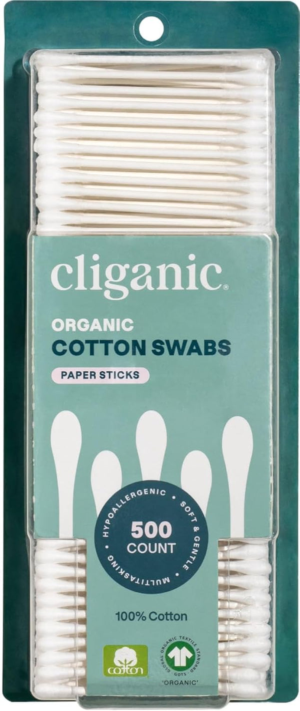 Organic Cotton Swabs, 500 Count - 100% Pure Natural Cotton, Chlorine-Free Hypoallergenic, Soft, Gentle & Absorbent Buds