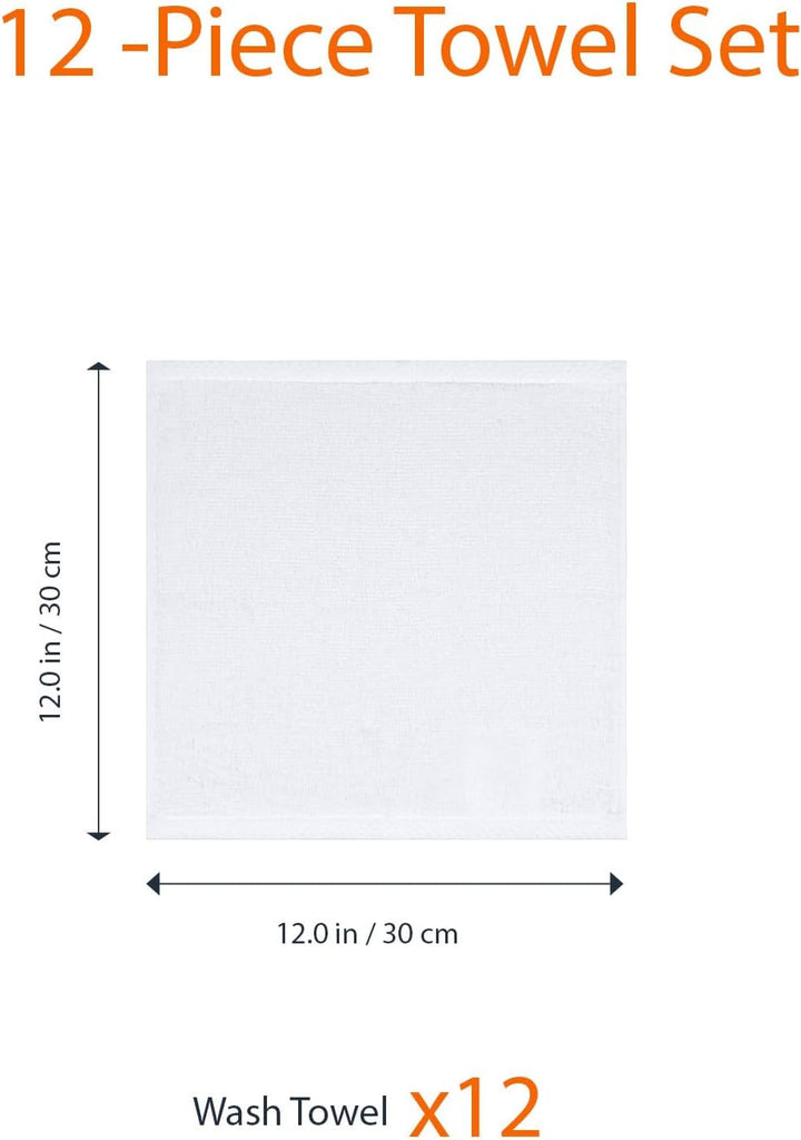 Cotton Washcloths, Quick-Dry, 12" X 12", 12-Pack, White