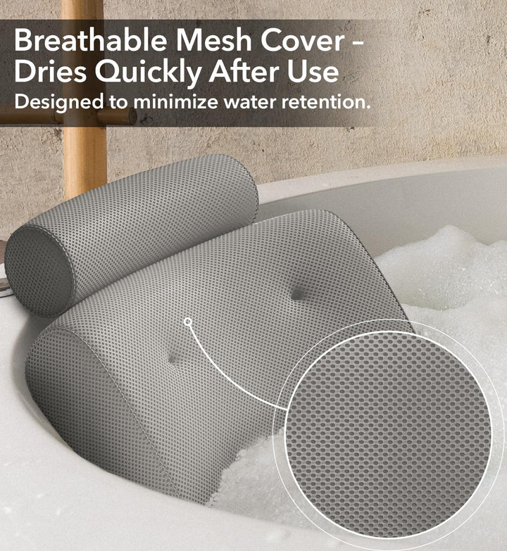 Luxury Bath Pillows for Tub with Head and Neck Support - Non-Slip Bathtub Pillow with Suction Cups, Quick-Drying Mesh & Drying Hook - Jacuzzi & Spa Accessories for Women - Gray