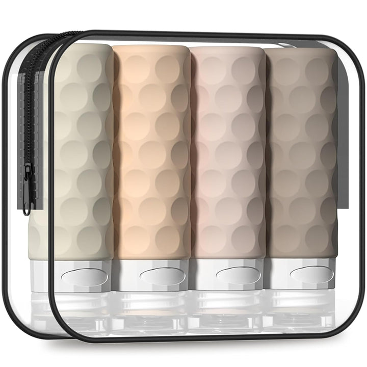 Travel Bottles for Toiletries, 4Pcs Tsa Approved 3Oz Travel Size Containers, BPA Free Leak Proof Premium Silicone Bottles, Refillable Liquid Squeezable Accessories W/Toiletry Bag