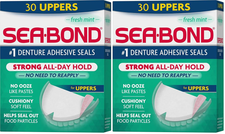 Secure Denture Adhesive Seals, Fresh Mint Uppers, Zinc-Free, All-Day-Hold, Mess-Free, 30 Count (Pack of 1)
