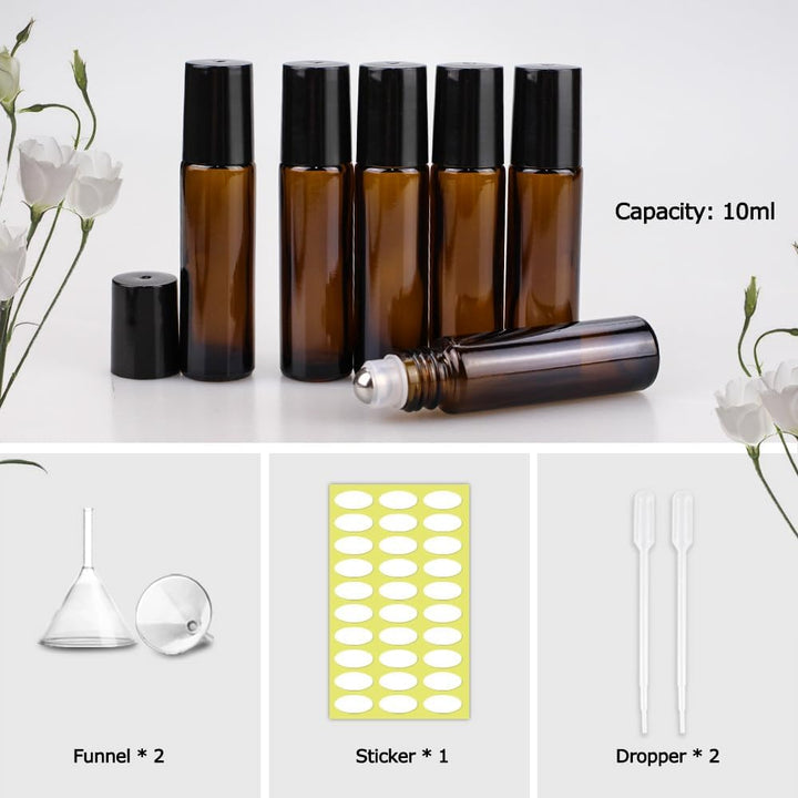 12 Pack Essential Oil Roller Bottles Stainless Steel, 10Ml Amber Glass Roller Bottles with Caps for Travel, Perfume and Lip Gloss