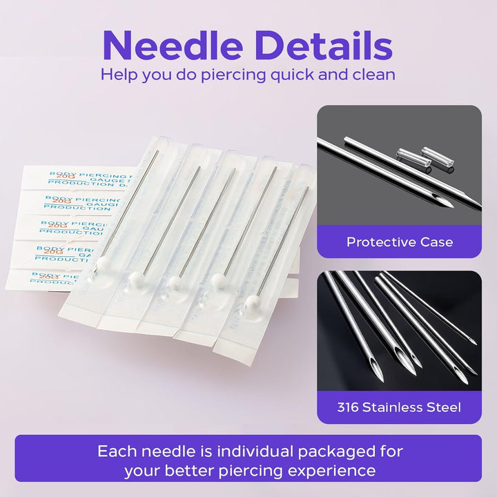 100Pcs Mixed Piercing Needles -  20G 18G 16G 14G 12G Hollow Needles Ear Nose Piercing Needle for Lip Tongue Belly Navel Nipple Professional Piercing Tools