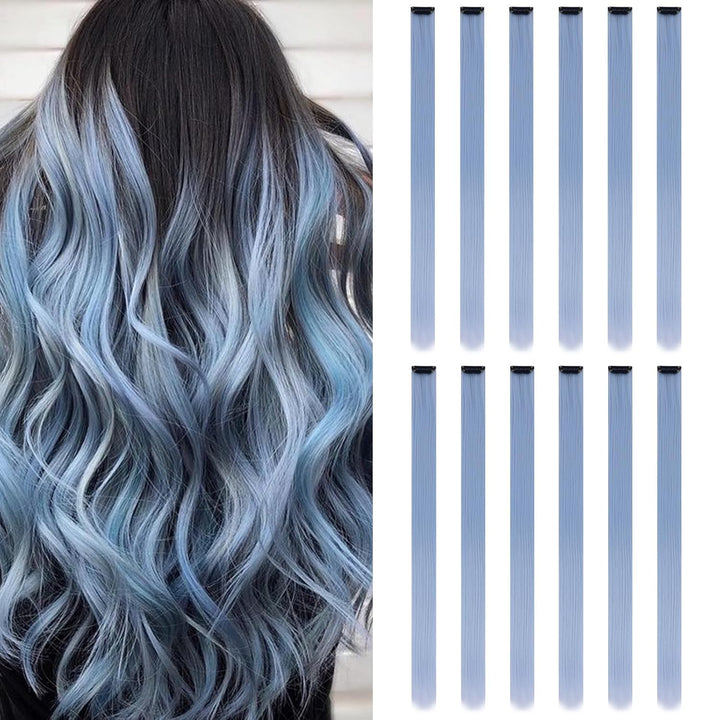 12PCS Colored Purple Hair Extensions Clip in Colorful Hair Extensions 22 Inch Rainbow Hair Extensions for Kids Women'S Gifts Blue Hair Extensions (22Inch,Purple)